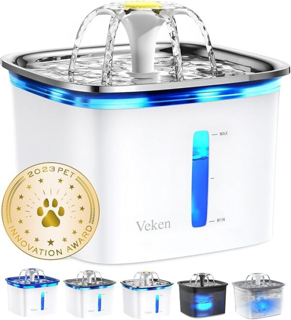 Veken 95oz / 2.8L Automatic Pet Water Fountain with Stainless Steel Lid (Silver)