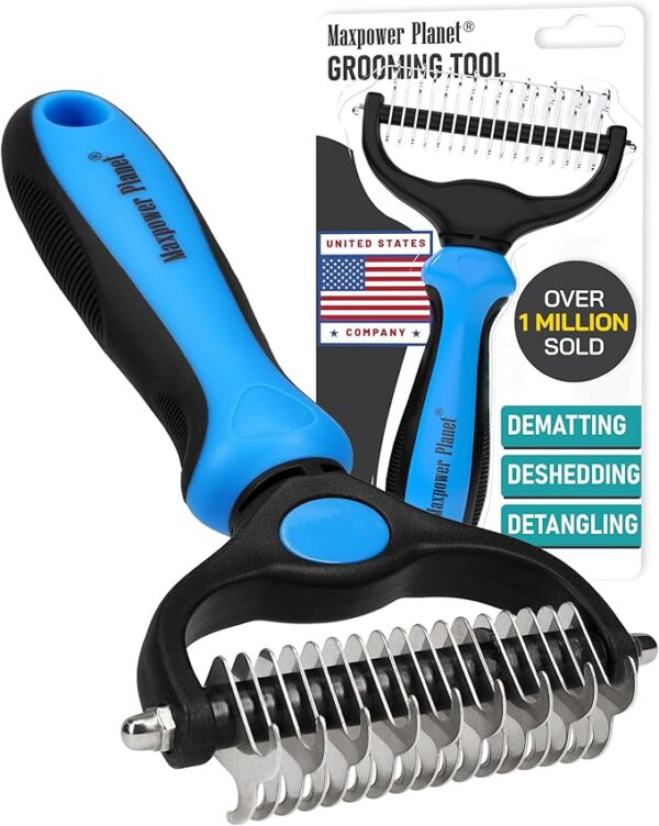 Maxpower Planet Double-Sided Deshedding & Dematting Brush for Dogs & Cats (Blue)